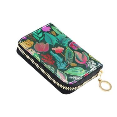 Imagem de Carteira feminina de couro com porta-cartões com bloqueio de RFID, pequena bolsa de troca de zíper com chaveiro