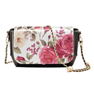Imagem de Bolsa transversal feminina de couro floral com rosas vermelhas, bolsas transversais de couro para mulheres, alça transversal de corrente dourada, Floral com rosas vermelhas - 4, One Size