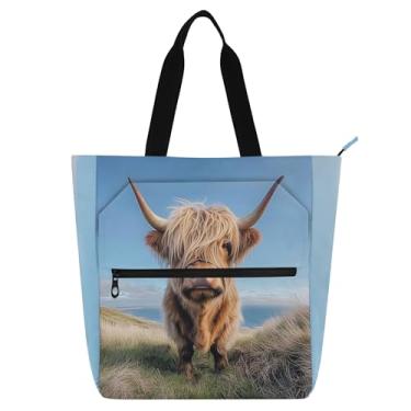 Imagem de Linda bolsa de trabalho feminina Highland Cow Scottish Countryside Tote Canvas Beach Book Tote com zíper carteiro bolsas de presente para amantes de livros