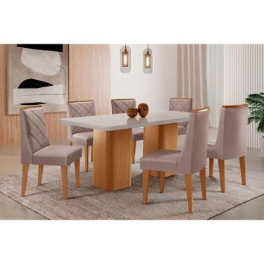 Imagem de Sala Jantar Mesa Maldivas Tampo c/ Vidro Curvo 180cm+6 Cadeiras Pietá Madeira Naturale/Off White - Capuccino/Linho Capuccino - Rufato