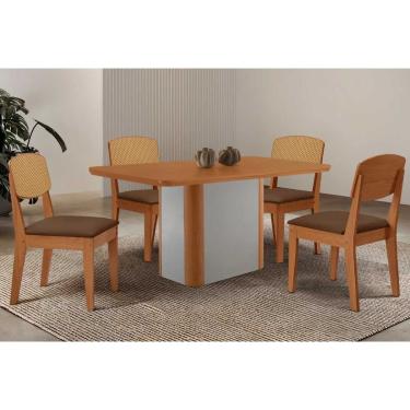 Imagem de Sala Jantar Mesa Pietá Tampo Curvo 120cm+4 Cadeiras Havana Naturale/Off White - Suede Marrom - Rufato