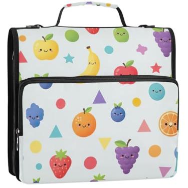 Imagem de Fichários básicos de 3,8 cm, 3 anéis, frutas fofas, coloridas, morango, zíper e estojo organizador de pasta de anel, bolsa de fichário com alça para escola, 34,5 x 31,5 x 9 cm