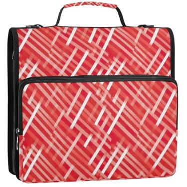 Imagem de Organizador básico de fichário com zíper, fichários de 3,8 cm, 3 anéis, diagonais, listrado, vermelho, estojo com alça para fichários escolares com alça de ombro, 34,5 x 31,5 x 9 cm