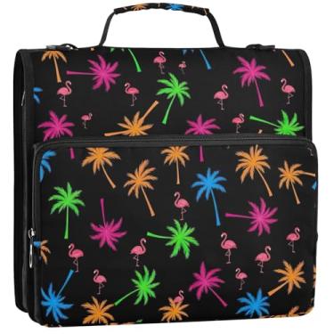 Imagem de Palmeiras coloridas, flamingos, preto, 3 anéis, fichário, 3 anéis, organizador de fichários escolares com alça de ombro, estojo de armazenamento fofo com alça, 34,5 x 31,5 x 9 cm