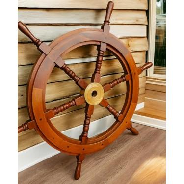 Imagem de Bhartiya Handicrafts Timão de navio para decoração de casa pirata rústica capitão barco timão estilo náutico cubo de latão de madeira feito à mão (46 cm)