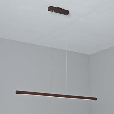 Imagem de Luminária pendente linear de madeira, moderna, com LED, para sala de jantar, com intensidade regulável e controle remoto. Lustre de madeira com altura ajustável, ideal para cozinha, sala de