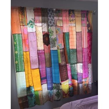 Imagem de Cortinas feitas à mão Boho Patchwork Cortinas feitas à mão de seda de sari indiano reciclado, par de sari indiano vintage de mistura de seda para sala de estar, quarto, 203 x 106 centímetros (cor