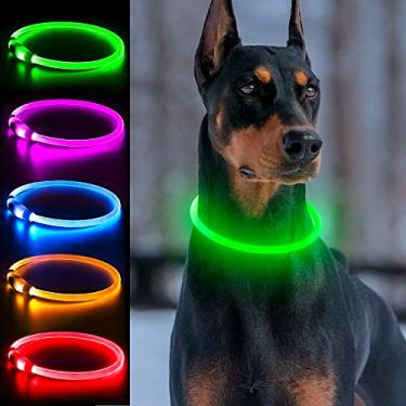 Imagem de Coleira de cachorro iluminada, coleira de cachorro LED Dlitk recarregável por USB multicolorida, 1 unidade, coleira de brilho de tamanho cortável TPU para cães, coleira de cachorro leve para cães grandes, médios e pequenos caminhando à noite (verde)