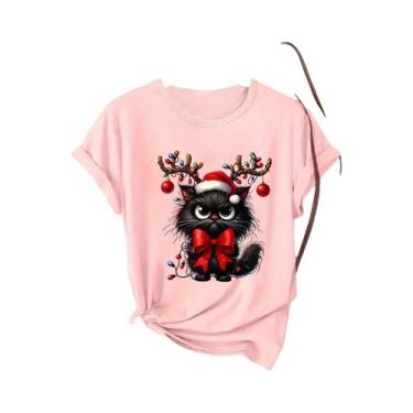 Imagem de Camiseta Feminina De Natal Com Gato Adorável Para Festas De Fim De Ano
