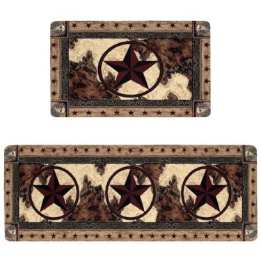 Imagem de Wakasui Conjunto de 2 tapetes de cozinha rústicos, padrão de estrela do oeste do Texas, antiderrapante, impermeável, antifadiga, lavável para pia de cozinha, lavanderia - 44 x 119 cm e 44 x 73 cm