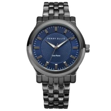 Imagem de Perry Ellis Relógio masculino Solar – mostrador azul, pulseira de liga metálica, analógico resistente à água
