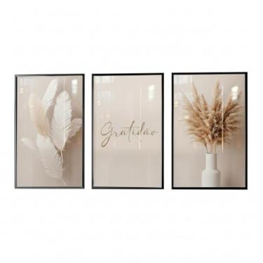 Imagem de Quadro Decorativo Trio Gratidão Ramo de Trigo Prosperidade, Branco Moderno, para Sala Hall Escritório, 3 Peças