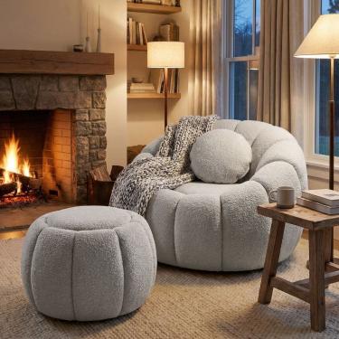 Imagem de Kit Poltrona Decorativa Concha C/Almofada e Puff Boucle Cinza Claro Abobora  - Montanaris Decor