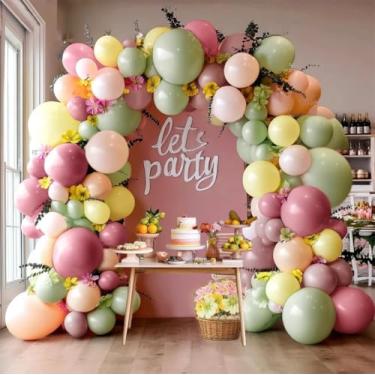 Imagem de Arco de balão verde empoeirado amarelo rosa com folhas de flores, kit de guirlanda de balão rosa pastel verde claro pêssego malva para aniversário, chá de bebê, casamento, fada, flor, floral, chá e
