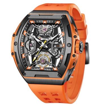 Imagem de OLEVS Relógio masculino automático com esqueleto de diamante, corda automática, mecânico, original, luxuoso, cristal de safira, à prova d'água, relógio de pulso masculino, G6012: pulseira laranja e