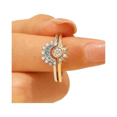 Imagem de Conjunto De Colar Com Pingente Sol E Lua E Anel Aberto Com Diamantes, 