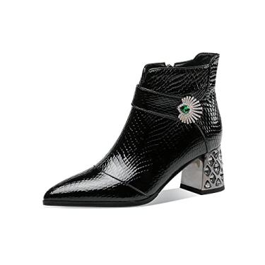 Imagem de TinaCus Bota feminina feita à mão de couro envernizado com zíper lateral, bico fino, strass médio, salto grosso, cano curto, Preto, 36
