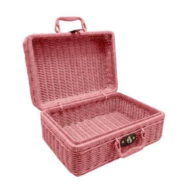 Imagem de Cesta de piquenique de vime de imitação, pequena cesta de piquenique caixa de armazenamento de vime de imitação de metal com alças, cestas de vime de imitação com alças para viagem, acampamento, festa