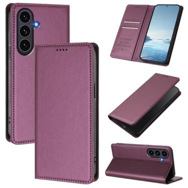 Imagem de Capa carteira fina para Samsung Galaxy S26 com capa flip magnética, compartimentos para cartões e suporte, bloqueio RFID, compatível com carregamento sem fio, capa protetora à prova de choque (roxo