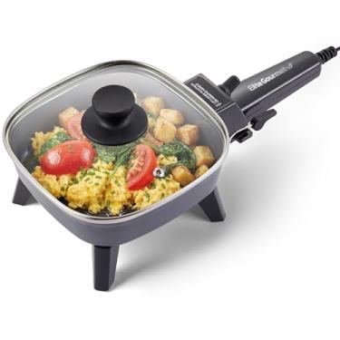 Imagem de Elite Gourmet EFS059 Frigideira elétrica pessoal, panela compacta portátil de 18 cm, temperatura ajustável, aquecimento rápido de 600 W, superfície antiaderente, tampa de vidro temperado, alça
