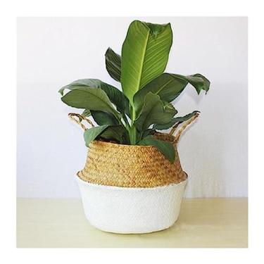 Imagem de KEG801302 Vaso de flores, cesta de armazenamento de bambu, vasos decorativos dobráveis, retalhos, tecido verde, arranjo de plantas, vasos de flores, minimalista, cesta de flores, decoração (branco)