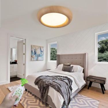 Imagem de Luminária de teto moderna de madeira com LED e controle remoto para sala de jantar, 48W, redonda e dimerizável, Ø60cm, com luz noturna e função timer.