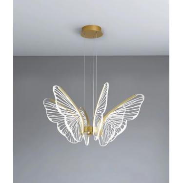 Imagem de Lustre de LED para sala de jantar, dourado, com intensidade ajustável e controle remoto, ideal para sala de estar, quarto, mesa de jantar ou bar. Design moderno com 6 lâmpadas e altura regul