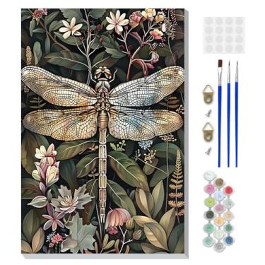 Imagem de DOMROM Kit de pintura animal por números para adultos iniciantes com cavalete de madeira, kit de pintura de libélula por número em tela, kit de pintura a óleo DIY para decoração de parede de casa