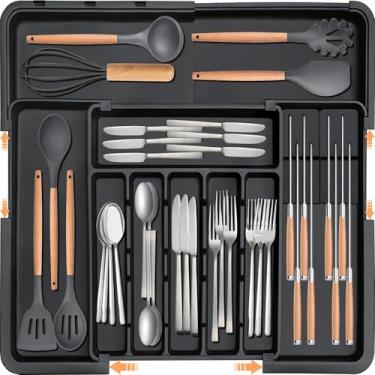 Imagem de XHCLIUFB Organizador de talheres expansível extragrande, sem BPA, seguro para alimentos, organizador de gaveta de utensílios de cozinha ajustável para colheres, garfos, facas (preto)