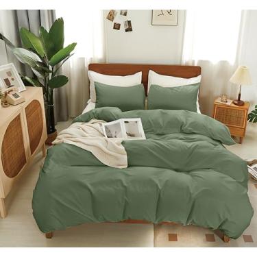 Imagem de SDAPNAY Conjunto de capa de edredom 100% algodão lavado, confortável, texturizado, com fecho de zíper e laços de canto (verde) (verde, casal)