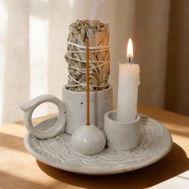 Imagem de Tnstbiee Queimador e suporte 4 em 1 de cerâmica branca Palo Santo – Bandeja versátil para velas e borrões para incenso, cones e sálvia – Acessório de altar de meditação zen ideal para uma experiência