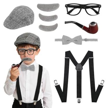 Imagem de AiMiAO Fantasia infantil 100 dias de escola para meninos anos 1920 velho avô conjunto de roupas cosplay Halloween acessórios de fantasia, Cinza, 5pcs