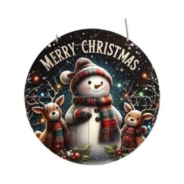 Imagem de Placa De Madeira Feliz Natal 2D Com Gnomo E Boneco De Neve Para Pendur