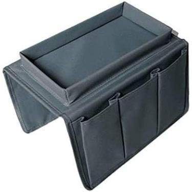 Imagem de Bolsa de armazenamento para pendurar na parede com bolsos, bandeja de mesa de braço de sofá com 4 bolsos e suporte de copo, bolsa de armazenamento para poltrona e controle remoto de TV (cor: cinza)