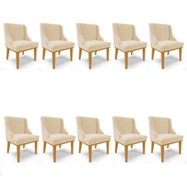 Imagem de Kit 10 Cadeiras Estofadas Para Sala De Jantar Base Fixa De Madeira Castanho Lia Suede Bege - Ibiza