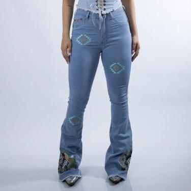 Imagem de Calça Jeans Delavê Flare Feminina Cowgirl Aztec Bordada Estampada Alta