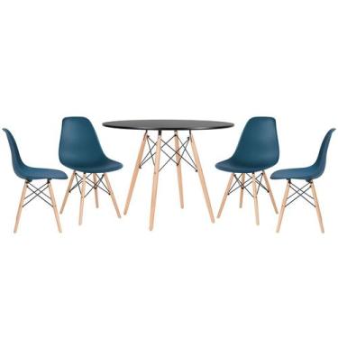 Imagem de Laraz, Mesa redonda Eames 100 cm preto + 4 cadeiras Eiffel DSW Azul pe