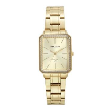 Imagem de Relogio Seculus feminino dourado banhado quadrado pequeno cravejado co