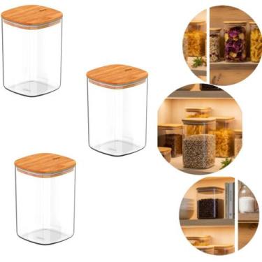 Imagem de Kit 3 Pote Hermético Quadrado 1l Natural Com Tampa De Bambu - Ou