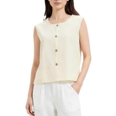 Imagem de Camiseta regata feminina Lingjiazi 1314, linho, gola redonda, bege cla