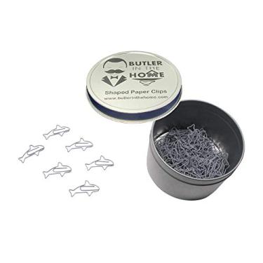 Imagem de Butler in the Home 100 clipes de papel em forma de tubarão ótimos para colecionadores de clipe de papel ou presente de escritório – vem em lata redonda com tampa e caixa de presente, Cinza