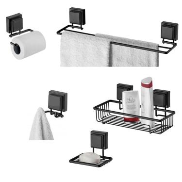 Imagem de Kit Banheiro 5 Peças Toalheiro Gancho Porta Shampoo Saboneteira Suporte Papel Higiênico Ventosa Preto Fosco - Future