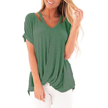 Imagem de Blusa feminina de verão linda camiseta nó torcido casual solta cor sólida, Verde, XG
