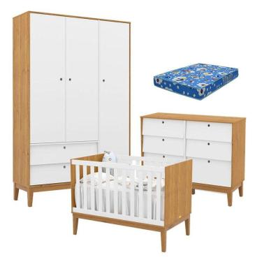 Imagem de Quarto de Bebe Unique 3 Portas com Cômoda 6 Gavetas Freijó Branco Soft Eco Wood e Colchão Ortobom - Matic