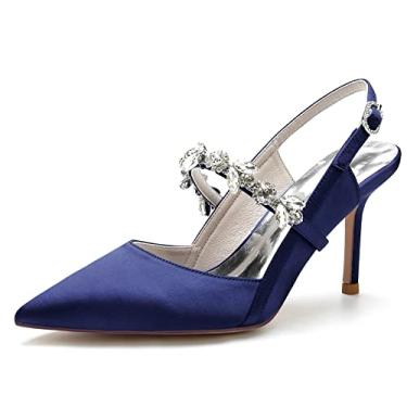 Imagem de Sapato feminino bico fino de casamento com strass Mary Jane salto para festa formatura cetim Slingback, Sblue, 6.5