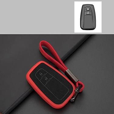 Imagem de YJADHU Capa de couro para chave de carro chaveiro de carro, apto para Toyota CHR C-HR Prado Prius Camry Corolla RAV4 2017 2018 2019, 2 botões vermelhos