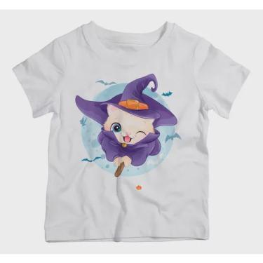 Imagem de Camiseta Infantil Menina Halloween Gato Fantasia Bruxa