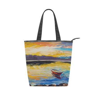 Imagem de Bolsa feminina de lona durável, pescaria barcos no mar, pintura a óleo, bolsa de ombro para compras com grande capacidade