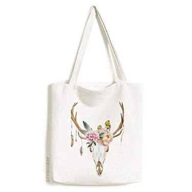 Imagem de Bolsa de lona de lona com cabeça de veado, flor e nação, bolsa de compras casual