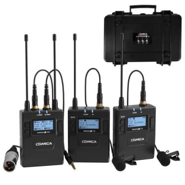 Imagem de Sistema de microfone Lavalier duplo sem fio, Comica CVM-WM300A UHF 96 canais microfone profissional lapela Lav para câmera Canon Nikon, Sony, XLR, filmadora, iPhone, YouTube, entrevista, gravação Vlog (2TX+1RX)